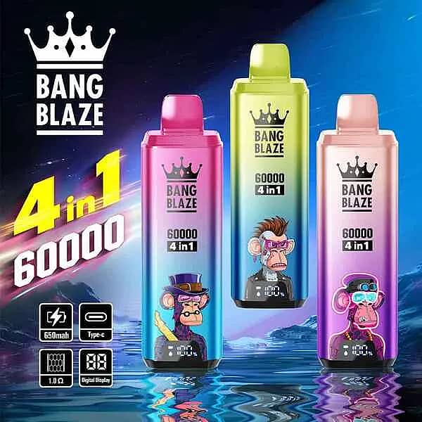 Vapeador desechable Bang Blaze 60K 4 en 1 con 60 000 caladas, pantalla LED y resistencia de malla cuádruple