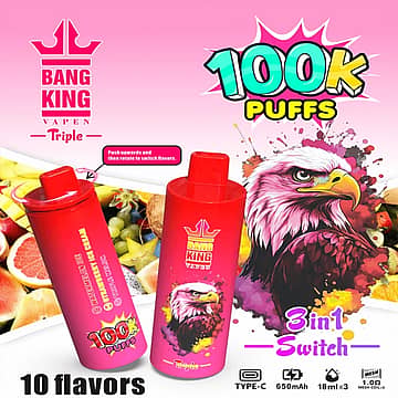 Bang King Triple 100K 3-in-1 disposable vape with 100,000 puffs and 18mL x 3 tanks