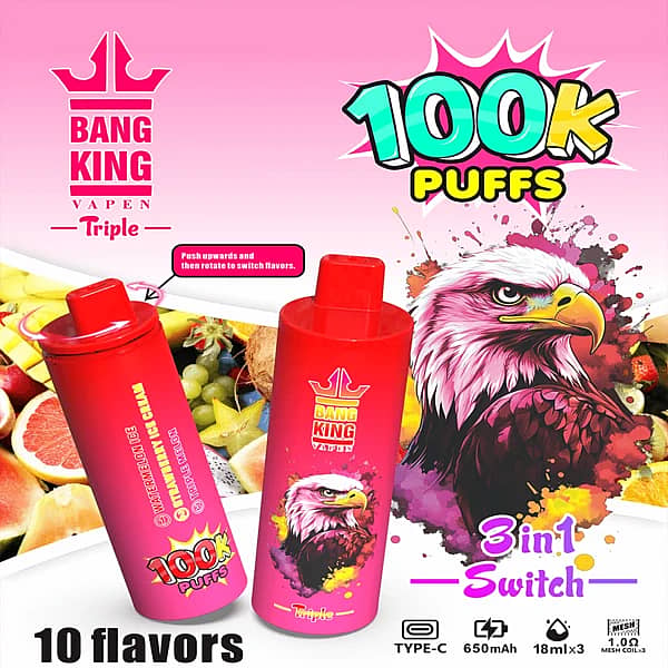 Bang King Triple 100K – jednorazowy vaporizer typu 3 w 1, zapewniający 100 000 zaciągnięć i wyposażony w 3 zbiorniki o pojemności 18 ml każdy