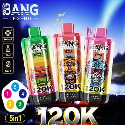 Bang Legend 120K: 5-in-1 wegwerpvape met een inhoud van 50 ml, mesh-coil, Type-C-oplaadpoort en een kleurrijke reeks modellen