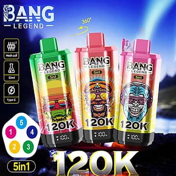 Bang Legend 120K 5-in-1 disposable vape with 120,000 puffs and LED display
