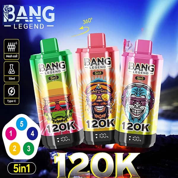 Vaporizador desechable Bang Legend 120K 5 en 1 con 120 000 caladas y pantalla LED