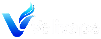 Logo Velivape z niebieską, stylizowaną literą V i motywem płomienia