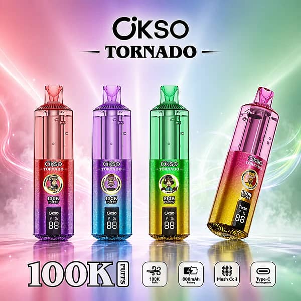 OKSO Tornado 100K Puffs multiple flavor variants disposable vape with a digital display