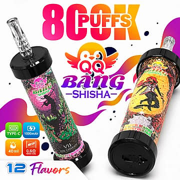 QQ Bang Shisha 80k disposable vape with 80,000 puffs, smart LCD screen and 14 flavors