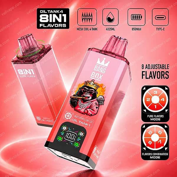 Bang Box 200K 8-in-1 disposable vape with 200,000 puffs, 100mL e-liquid and 4x25mL tanks