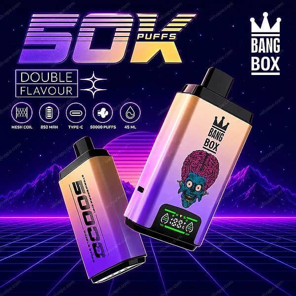 Bang Box 50K 2-in-1 disposable vape with 50,000 puffs, 45mL capacity and smart LED screen
