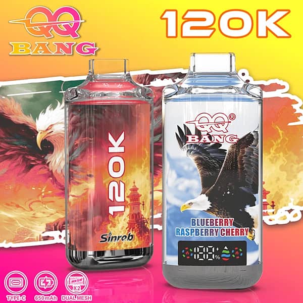 QQ BANG 120K Puffs disposable vape, Blueberry Raspberry Cherry flavor with a digital display