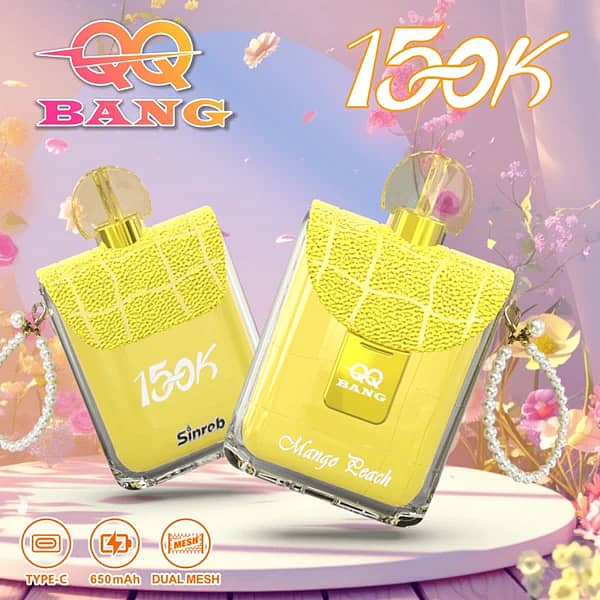 Qq Bang – jednorazowy vape o smaku mango i brzoskwini, 150 000 zaciągnięć, w żółtym opakowaniu przypominającym torebkę