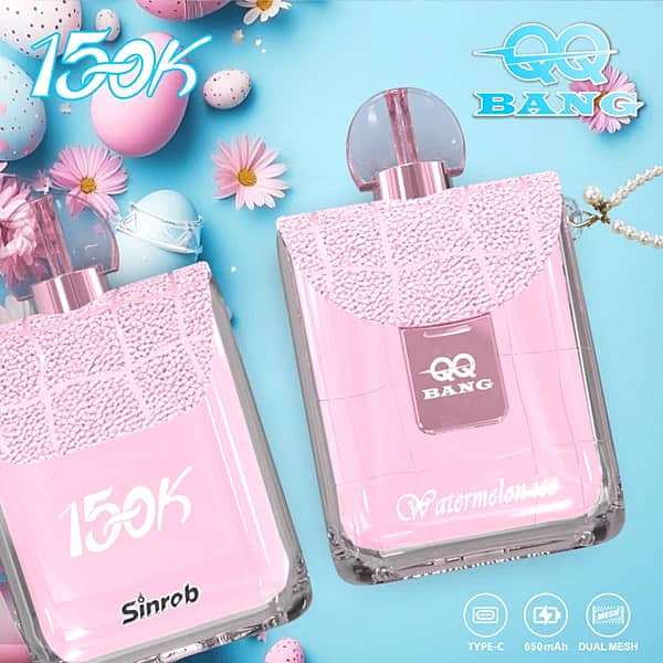 Qq Bang Perfume – jednorazowy vape o smaku arbuzowego lodu (150 tys. zaciągnięć) w różowej obudowie przypominającej torebkę