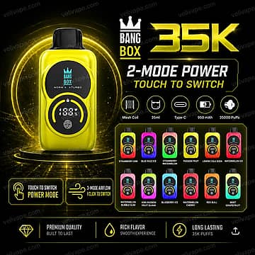 Bang Box 35K disposable vape with double screen display, touchscreen airflow and 12 flavors