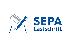 Logo SEPA Lastschrift przedstawiające pióro podpisujące dokument oraz kartę kredytową
