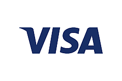 Logo VISA z niebieskim stylizowanym napisem na białym tle
