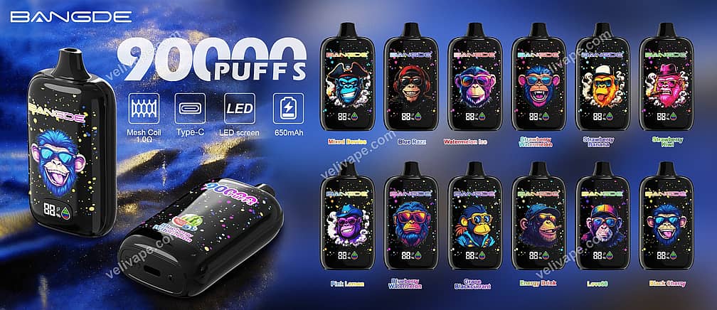Bang De 90K Description Picture Bang De 90K Puffs Disposable Vape Product Lineup In Multiple Flavor Variants With Led Screens