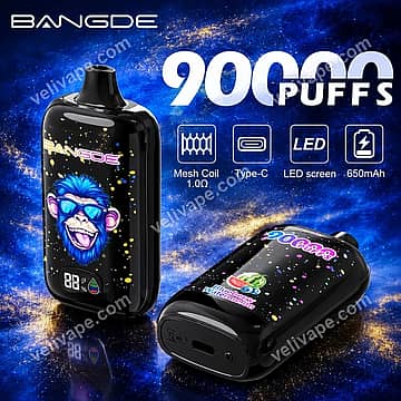 Bang DE 90K disposable vape banner showing 90,000 puffs, smart LED screen and 12 flavor options