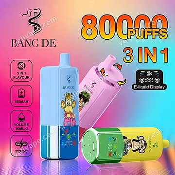 Bang DE 80K 3-in-1 disposable vape with 80000 puffs, rotating flavor selector, Dual Mesh, e-liquid display, adjustable airflow, and LED ring