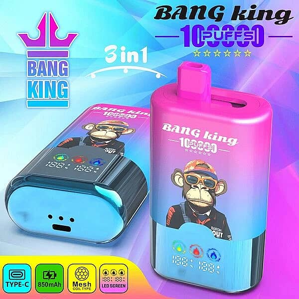 Bang King 100K 3-in-1 disposable vape with LED screen, triple mesh coil and 12 flavor sets