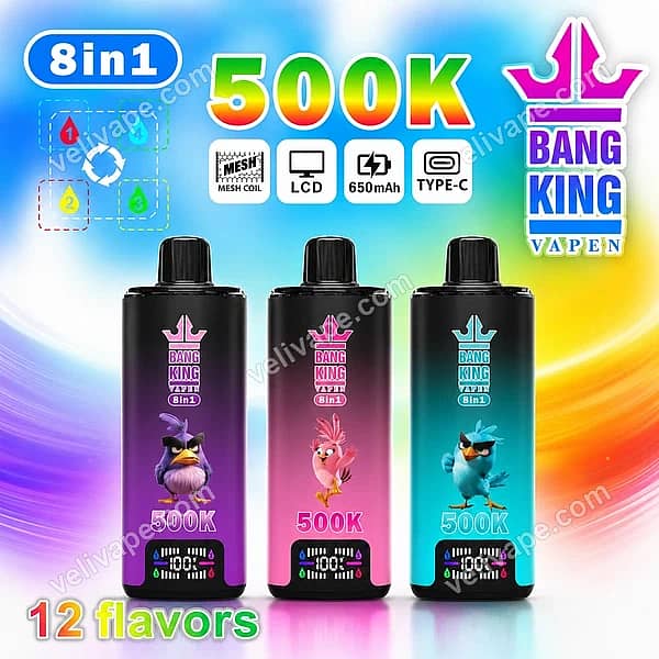 Bang King 500K 8-in-1 vape with 500000 puffs, Smart LCD, Quad Mesh coils, four flavor chambers, and Type-C charging