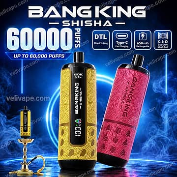 Bang King Shisha 60K disposable vape with 60,000 puffs, DTL draw, 0.6 ohm mesh coil and Smart LCD Display
