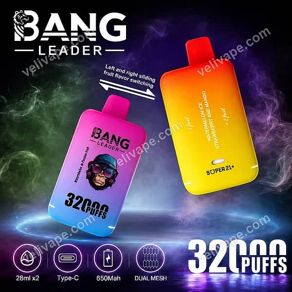 Bang Leader 32K dual-flavor vape with 32000 puffs, sliding flavor switch, Dual Mesh, and 56mL dual tanks