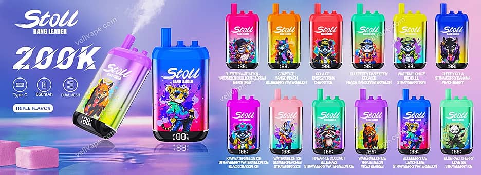 Stoll Bang Leader 200K Puffs Triple Flavor Disposable Vape Product Lineup With Digital Displays
