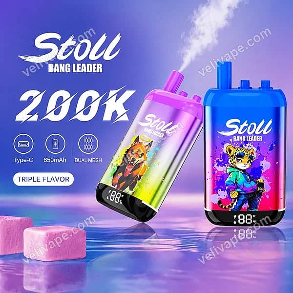 Bang Leader Stoll 200K Puffs triple flavor disposable vape with a digital display