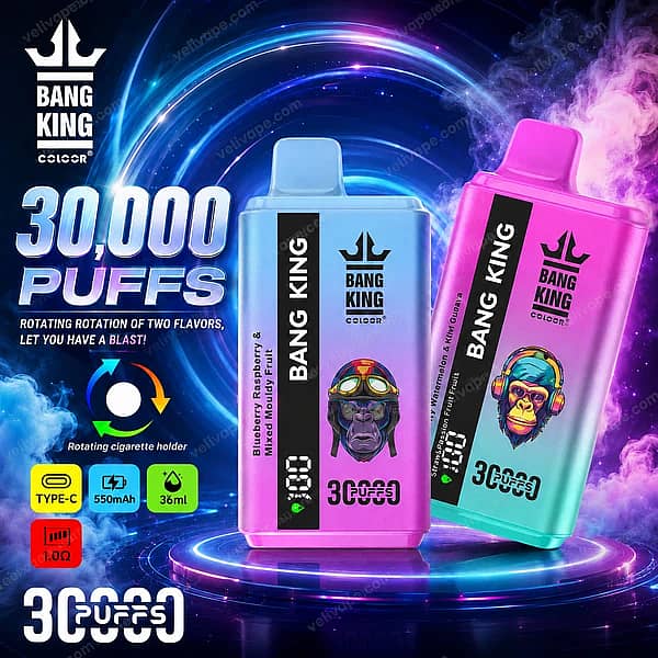 Bang King 30k double flavor disposable vape with 30,000 puffs, 36mL e-liquid and LED display