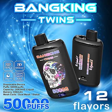 Bang King Twins 50k disposable vape with 50,000 puffs, 56mL e-liquid, LED display and 12 flavor pairs
