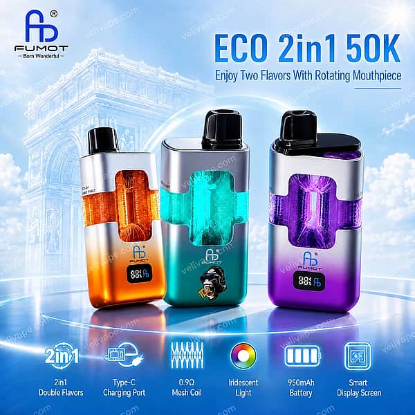 Fumot ECO 2in1 50K Puffs disposable vape, multiple flavor variants with rotating mouthpiece
