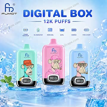 Fumot RandM Digital Box 12000 Puffs disposable vape with digital battery and e-juice display, 20mL capacity and Type-C charging