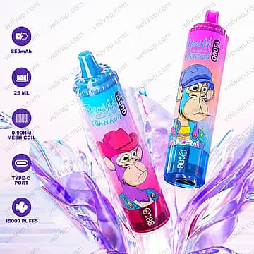 Fumot RandM Tornado 15000 Puffs disposable vape with 25mL e-liquid, 850mAh battery, 0.9 ohm mesh coil and Type-C charging