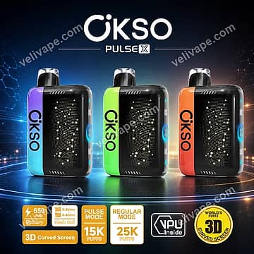 OKSO Pulse X 25000 Puffs dual-mode vape with 3D curved screen, 0.8-ohm dual mesh coils and 650mAh battery